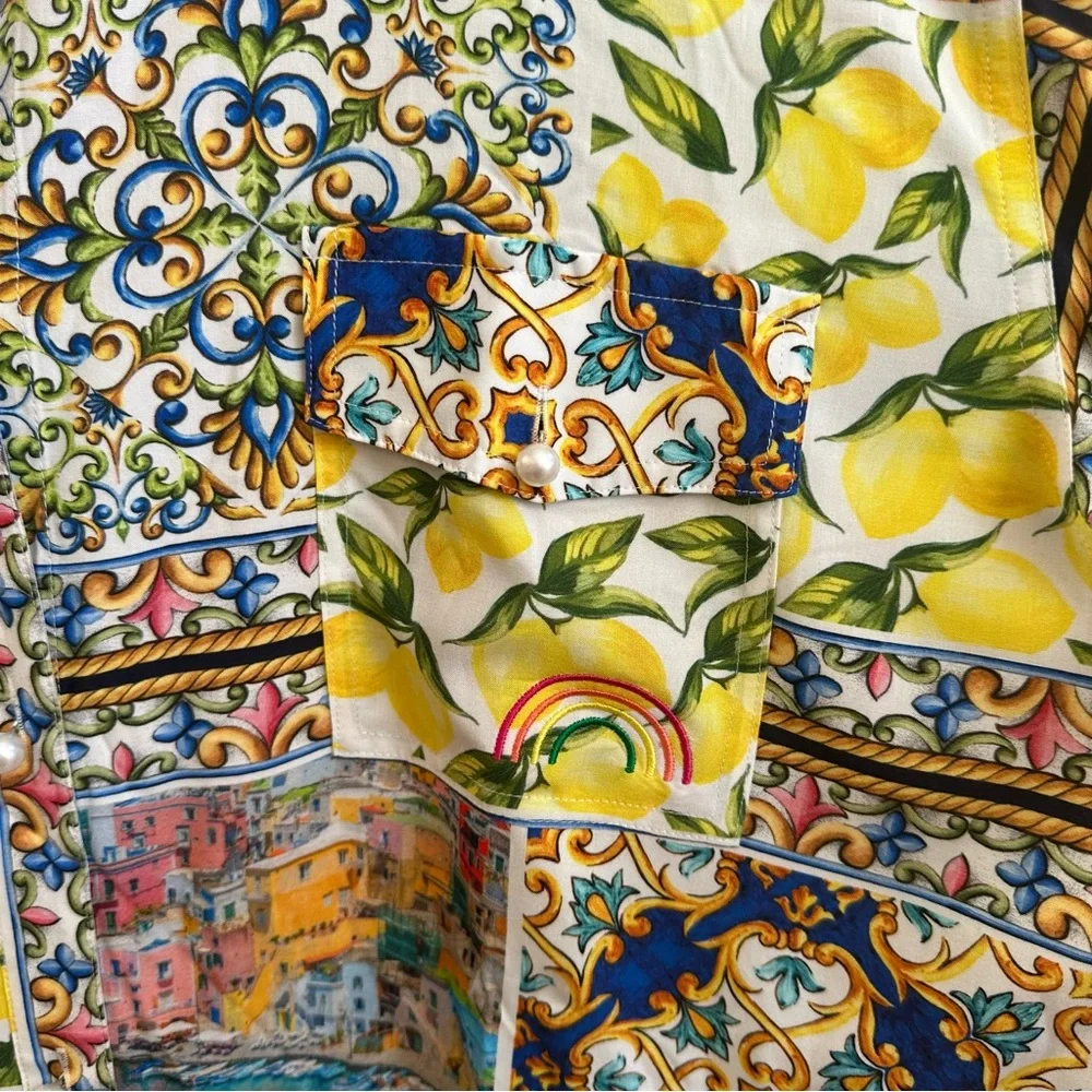 NWT Terez Amalfi Coast Patchwork Print Long Sleeve Blouse Yellow Blue Multi MED - Picture 9 of 16